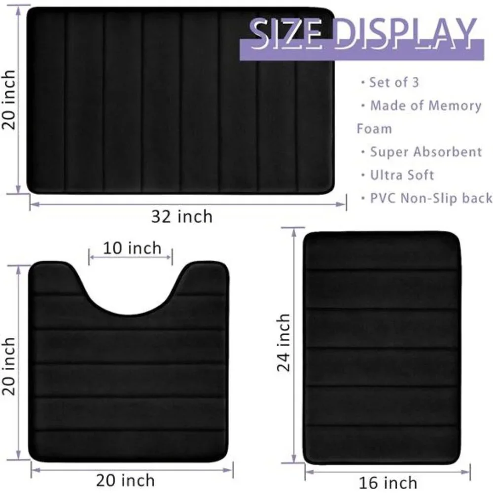 Bathroom Rugs Set Memory Foam Non Slip Bath Mats Absorbent Soft 3 Piece Shaggy